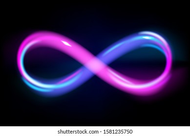 Neon light blue and violet infinity symbol on black background, glowing line of eternal sign, energy, vector illustration