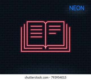 Neon light. Book line icon. Education symbol. Instruction or E-learning sign. Glowing graphic design. Brick wall. Vector