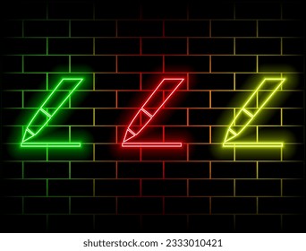 neon light. Brand contract line icon. Pencil sign. Neon light background. Brand contract glow line. Brick wall banner. Vector. Green, red, yellow, pink, blue, orange.