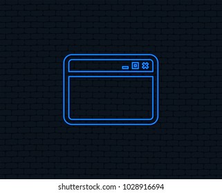 Neon light. Browser window icon. Internet page symbol. Website empty template sign. Glowing graphic design. Brick wall. Vector