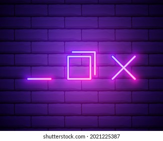 Neon light. Browser window icon. Internet page symbol. Website empty template sign. Glowing graphic design. Brick wall. Vector.