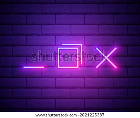 Neon light. Browser window icon. Internet page symbol. Website empty template sign. Glowing graphic design. Brick wall. Vector.
