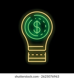 Neon light bulb glowing with dollar sign inside representing profitable ideas and business solutions