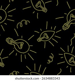 Neon Light Bulb Seamless Pattern Doodle Bright Idea on Black