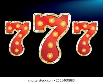 Neon light bulb signs for casino. Vector illustration. Icons for 777