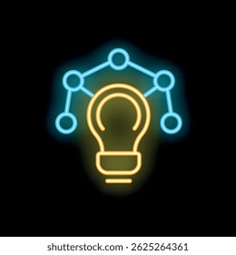 Neon light bulb is surrounded by connected circles, illustrating the concept of idea generation
