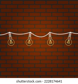 Neon light bulbs on a brick wall. Vector illustration