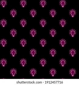 Neon light bulbs seamless pattern. Pink icons on black background. Idea, solution, creativity concept. Night signboard style. Vector 10 EPS illustration.