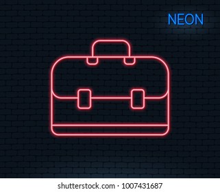 Neon light. Business case line icon. Portfolio symbol. Diplomat sign. Glowing graphic design. Brick wall. Vector