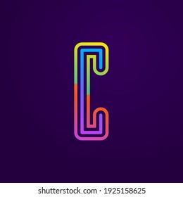 Neon light C letter line logo. Colored tube font for events posters, lacing emblem, nightlife banner and futuristic identity. Typography design.