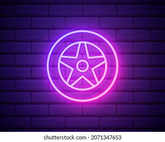 Neon Light. Car Wheel Sign Icon. Circular Transport Component Symbol. Glowing Graphic Design. Brick Wall. Vector.