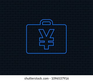 Neon light. Case with Yen JPY sign icon. Briefcase button. Glowing graphic design. Brick wall. Vector