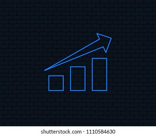 Neon light. Chart with arrow sign icon. Success diagram symbol. Statistics. Glowing graphic design. Brick wall. Vector