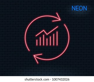 Neon light. Chart line icon. Update Report graph or Sales growth sign. Analysis and Statistics data symbol. Glowing graphic design. Brick wall. Vector
