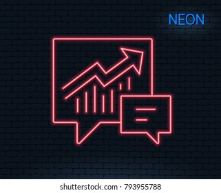 Neon light. Chart line icon. Report graph or Sales growth sign in speech bubble. Analysis and Statistics data symbol. Glowing graphic design. Brick wall. Vector
