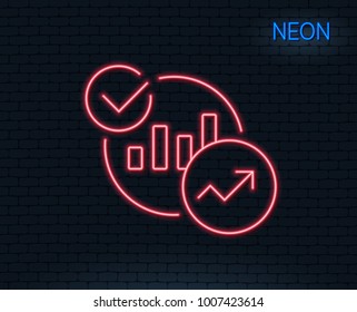 Neon light. Charts, Statistics line icon. Report graph or Sales growth sign. Analytics data symbol. Glowing graphic design. Brick wall. Vector