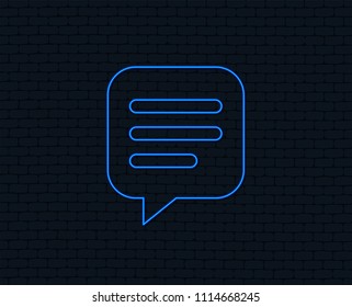 Neon light. Chat sign icon. Speech bubble symbol. Communication chat bubble. Glowing graphic design. Brick wall. Vector
