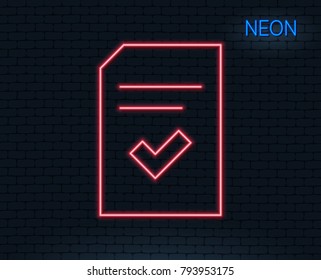 Neon light. Checked Document line icon. Information File with Check sign. Correct Paper page concept symbol. Glowing graphic design. Brick wall. Vector