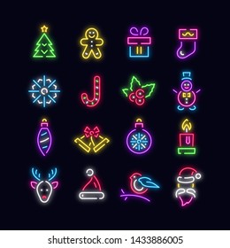 Neon light Christmas vector icon set