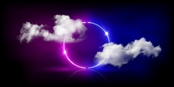 Neon Light Circle Frame Glowing Among Soft Clouds In Dark Sky Vector Illustration. 3d Realistic Round Ring Of Electric Blue Purple Neon Color And Bright Sparkle Flare In Abstract Night Background