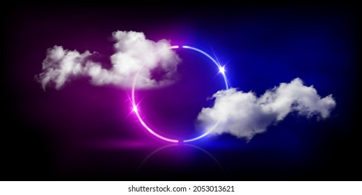 Neon light circle frame glowing among soft clouds in dark sky vector illustration. 3d realistic round ring of electric blue purple neon color and bright sparkle flare in abstract night background