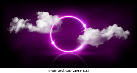 Neon light circle frame glowing among soft clouds in dark sky vector illustration. 3d realistic round ring of electric pink neon color and bright sparkle flare in abstract night background