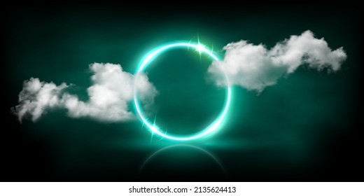 Neon light circle frame glowing among soft clouds in dark sky vector illustration. 3d realistic round ring of electric azure neon color and bright sparkle flare in abstract night background