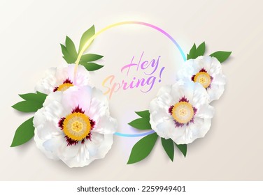 Neon light circle logo frame with Hey spring text, big white peony flowers. Round frame, flower, green leaf on creamy background. For greeting card, invitation, wedding, birthday and other holiday