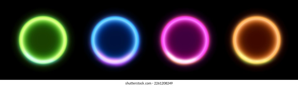 Neon light circle ring. Purple glow laser neon round vector effect circle frame background