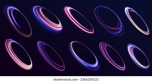 Neon light circle of speed in the form of a round whirlpool. Curve blue line light effect. Luminous spiral round frame.  Vector glitter light fire flare trace. Speed of light in galaxy. 