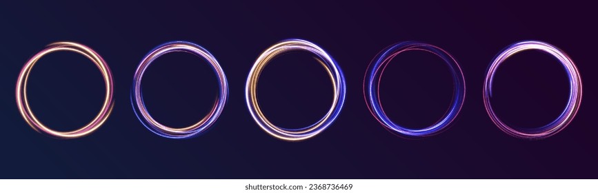 Círculo de la luz de neón de la velocidad en forma de remolino redondo. Efecto de luz de línea azul de curva. Marco redondo de espiral luminoso.  Seguimiento de la bengala del fuego de la luz del brillo del vector. Velocidad de la luz en la galaxia. 