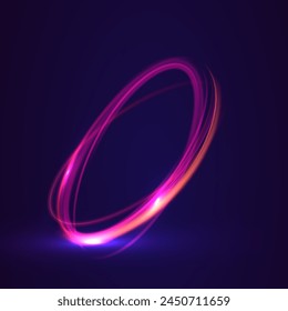 Neon light circle of speed in the form of a round whirlpool. Curve blue line light effect. Luminous spiral round frame.