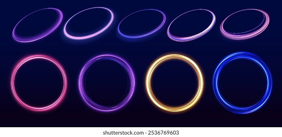 Neonlichter Geschwindigkeitskreis in Form eines runden Whirlpools. Effekt "Blaue Linie". Leuchtender, spiralförmiger Rundrahmen.	
