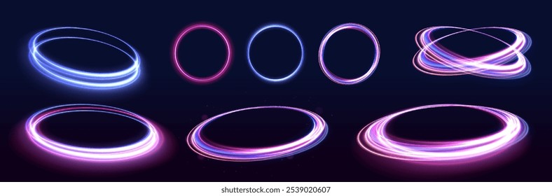 Círculo de luz de neón de velocidad en forma de remolino redondo. Efecto de luz de línea azul curva. Marco redondo espiral luminoso.	