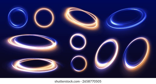 Neonlichter Geschwindigkeitskreis in Form eines runden Whirlpools. Effekt "Blaue Linie". Brillante Galaxie hellblaue Ellipse glühendes Podium.	