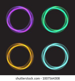 Neon light circles set. Shining round techno frames collection. Blue and green neon abstract background with glow. Vector illustration.