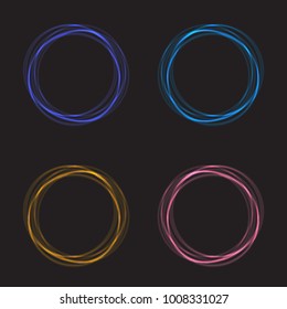 Neon light circles set. Shining round techno frames collection. Blue and green neon abstract background with glow. Vector illustration.
