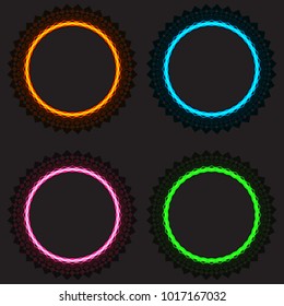 Neon light circles set. Shining round techno frames collection. Blue and green, yellow neon abstract background with glow. Vector illustration.