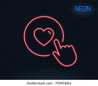 Neon light. Click like line icon. Love button symbol. Valentines day sign. Glowing graphic design. Brick wall. Vector