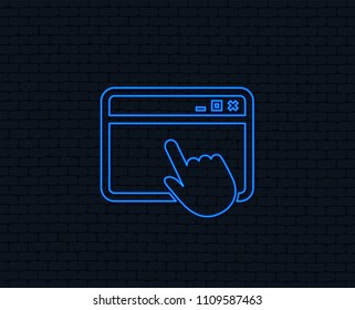 Neon light. Click page icon. Browser window symbol. Website or internet sign. Glowing graphic design. Brick wall. Vector