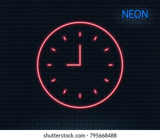 Neon light. Clock line icon. Time sign. Office Watch or Timer symbol. Glowing graphic design. Brick wall. Vector