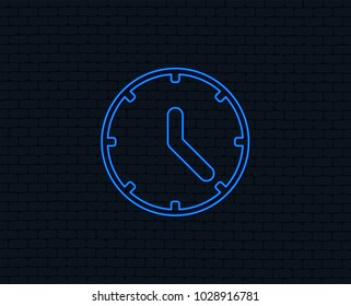 Neon light. Clock sign icon. Mechanical clock symbol. Glowing graphic design. Brick wall. Vector