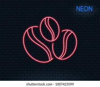 Neon light. Coffee beans line icon. Hot drink sign. Whole bean beverage symbol. Glowing graphic design. Brick wall. Vector