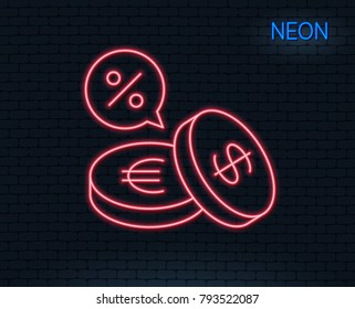Neon light. Coins money line icon. Banking currency sign. Euro and Dollar Cash symbols. Cashback service. Glowing graphic design. Brick wall. Vector