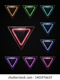 Neon light colorful set of shining rounded triangle on transparent background. Illuminated geometric polygon frame with glass or plastic with blank text space. Halogen or led lamp vector illustration.