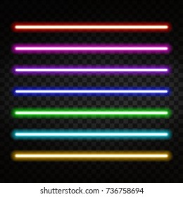 Neon light. Colorful neon tubes isolated on transparent background. Neon brushes. Vector