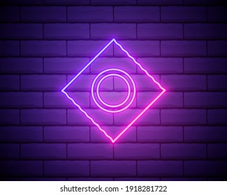 Neon light. Condom in package safe sex sign icon. Safe love symbol. Glowing graphic design. Brick wall. Vector.