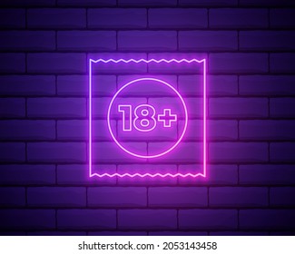 Luz de neón. Icono de signo de sexo seguro en el paquete de preservativos. Símbolo de amor seguro. Diseño gráfico brillante. Muro de ladrillo. Vector