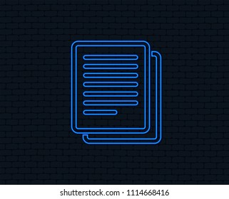 Neon light. Copy file sign icon. Duplicate document symbol. Glowing graphic design. Brick wall. Vector