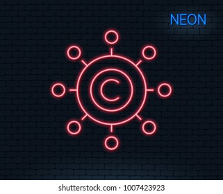Neon light. Copywriting network line icon. Copyright sign. Content networking symbol. Glowing graphic design. Brick wall. Vector